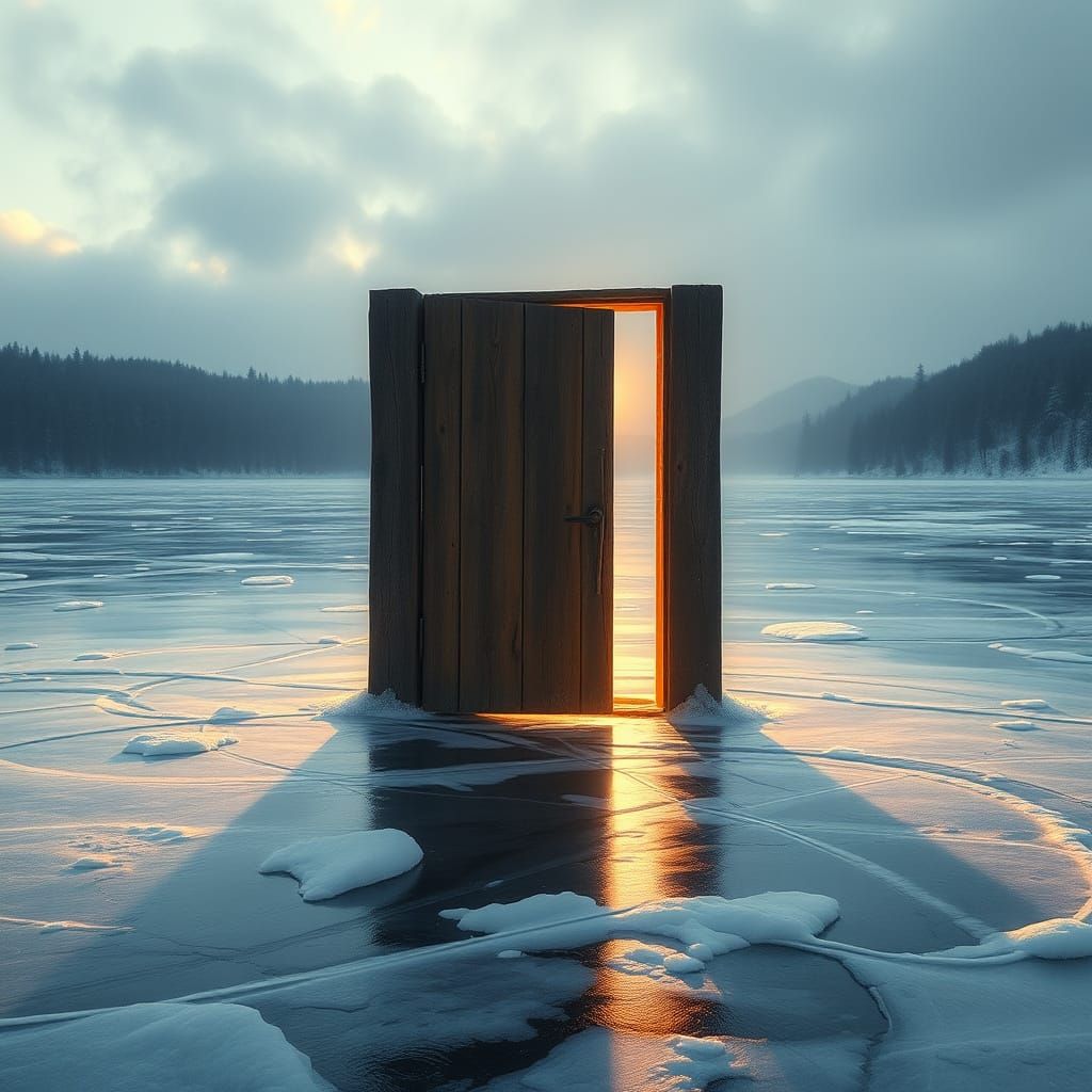 Mystical Doorway on Frozen Lake in Digital Painting Style
