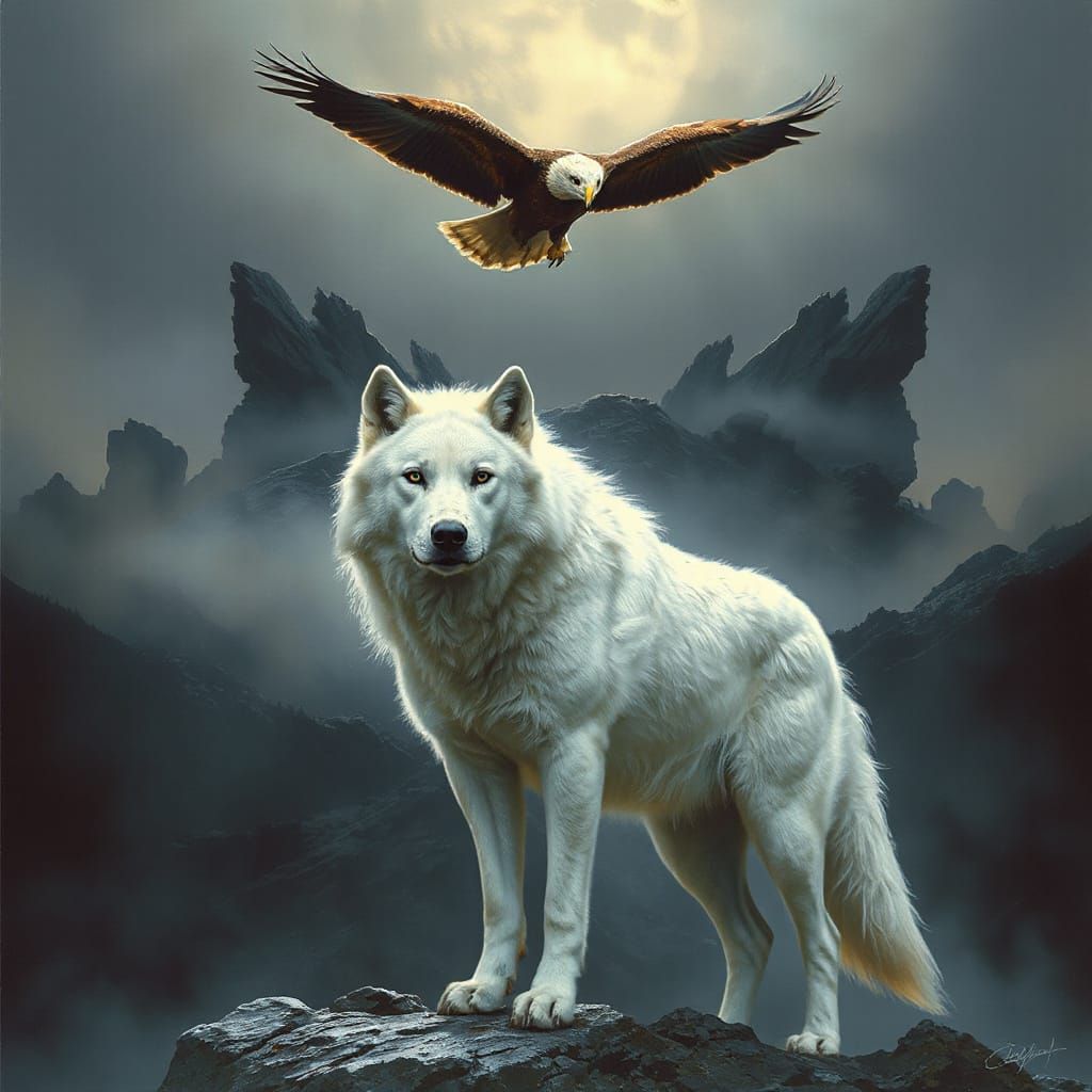 Wolf and Eagle in Misty Landscape, Fantasy Art