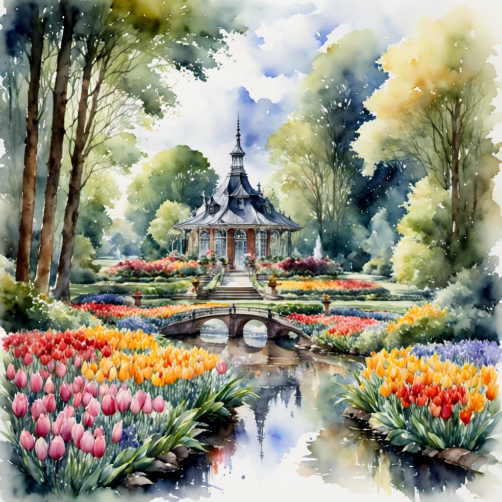 Keukenhof Gardens in Wet-on-Wet Watercolour Style