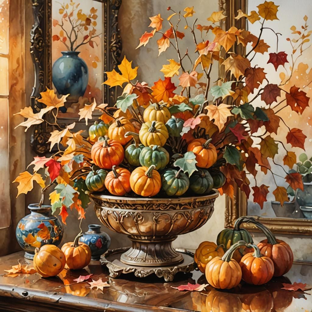 Autumn Gourds and Bonsai: Watercolor Impressionism