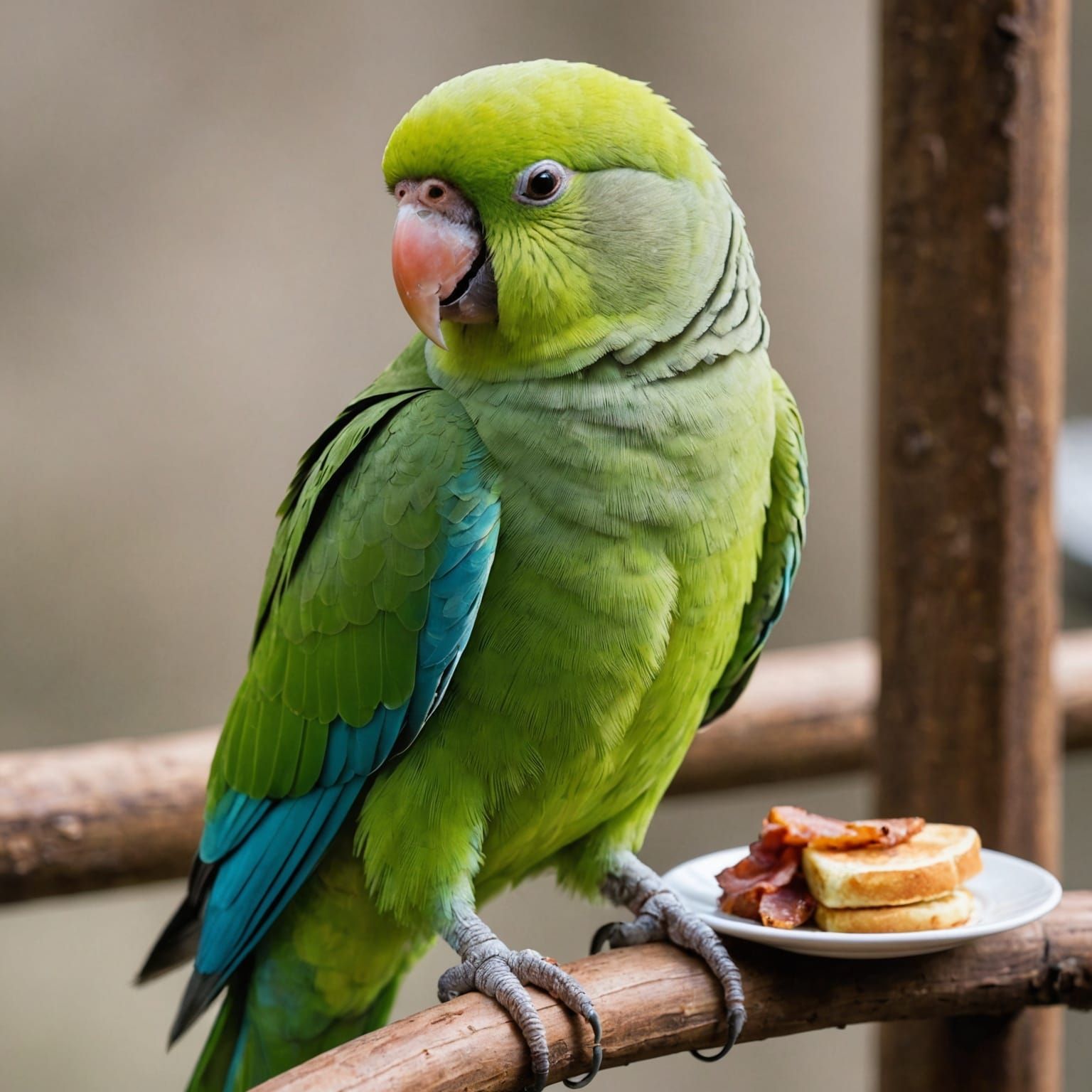 Green Monk Parakeet's Breakfast Feast