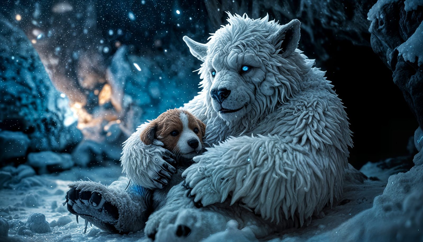Cryopunk Snowbeast Cradles Puppy in Ice Cave