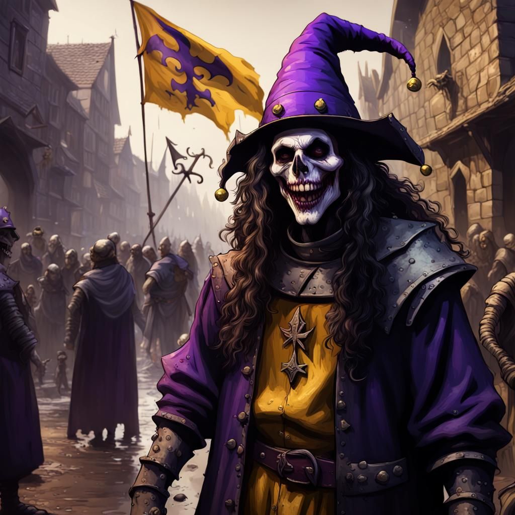 Undead Jester in Muddy City: Dark Fantasy Art