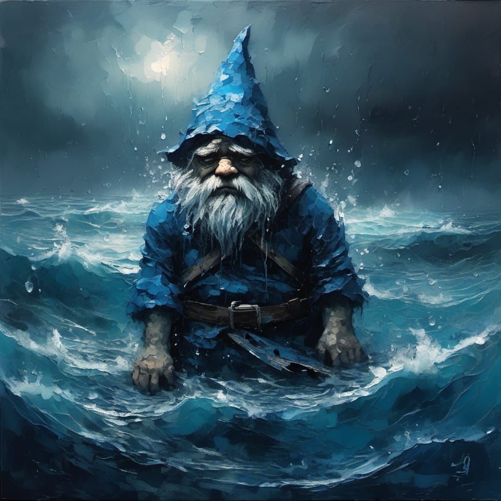 Sad Gnome Drowning in Blue Impasto Ocean