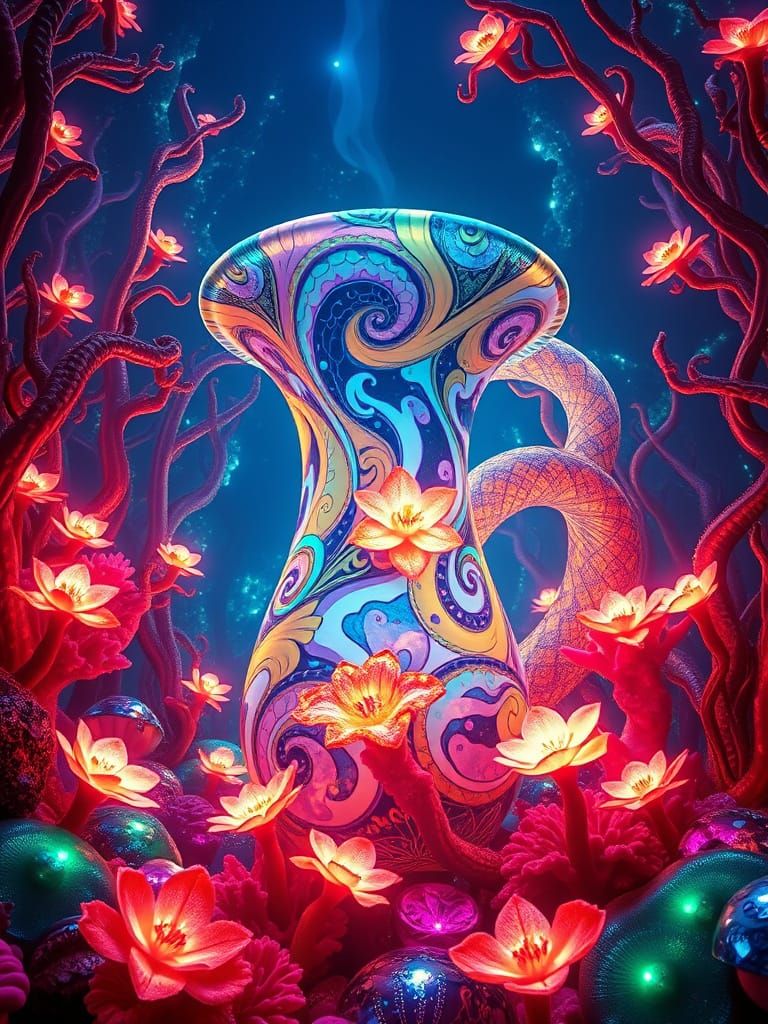 Surreal Serpentine Vase in Neon Kelp Forest