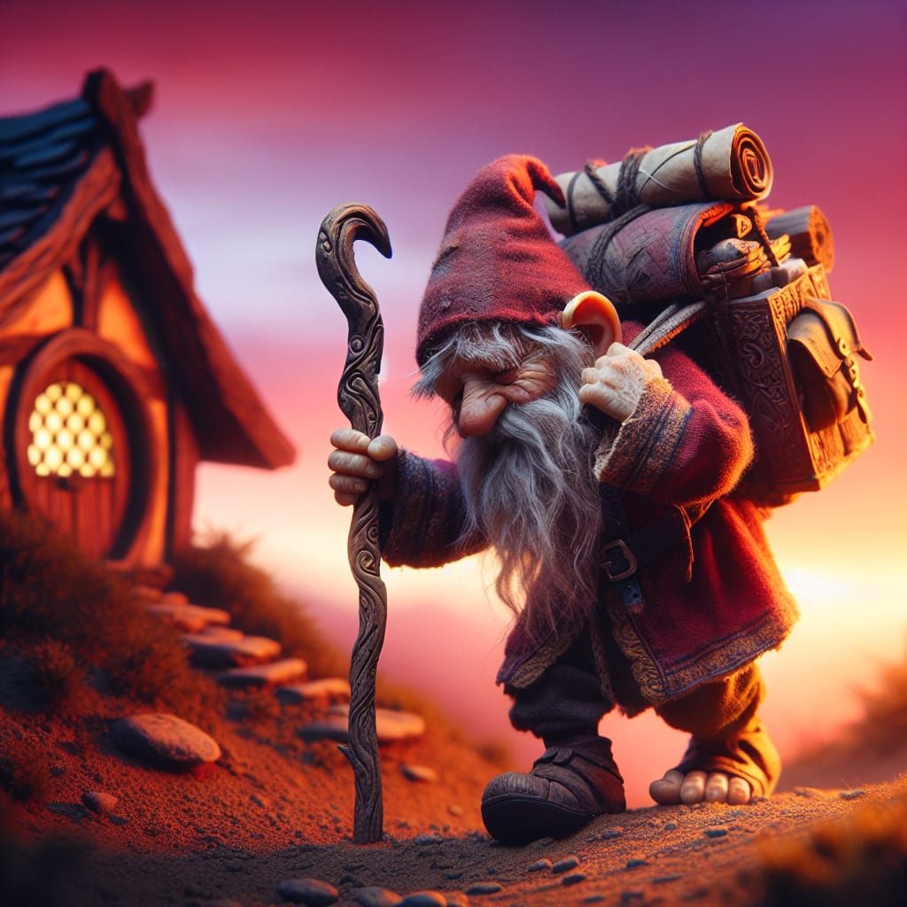 Tired Gnome's Journey Home at Dusk