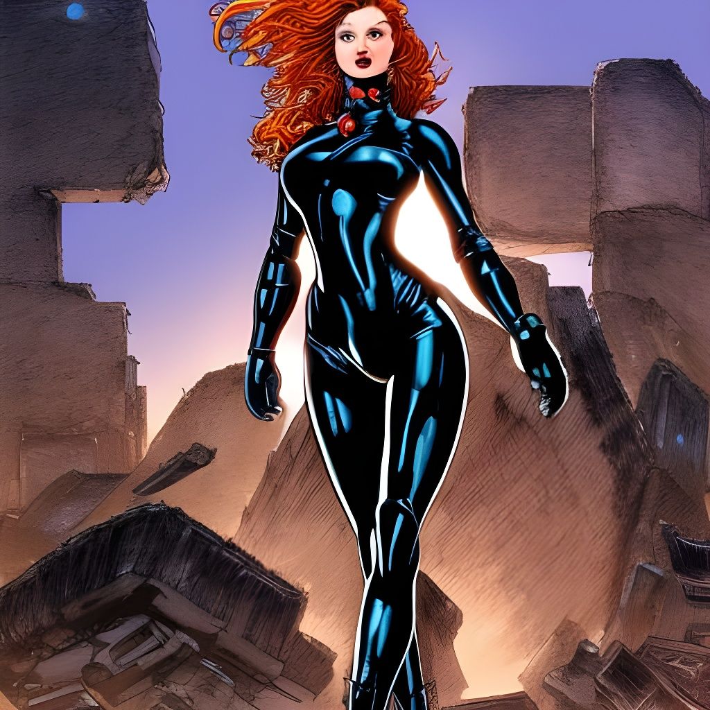 Redhead Heroine on Robot Ruins in Comic Art Style