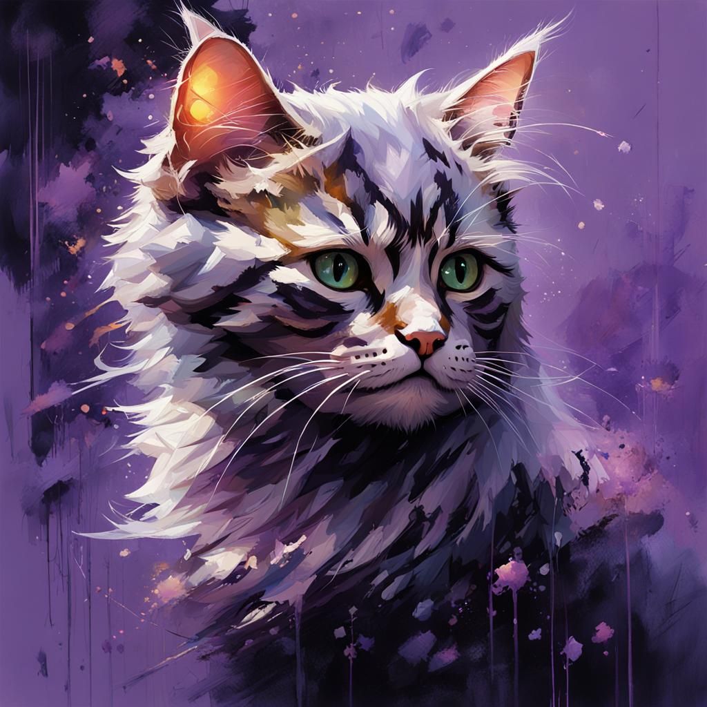Cute Cat with Purple Highlights, Digital Art