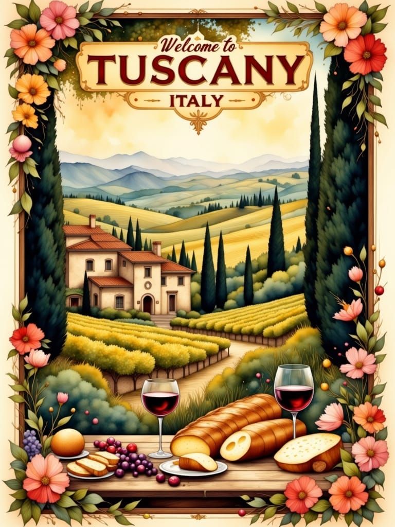 Vintage Travel Poster of Tuscany in Watercolor Style