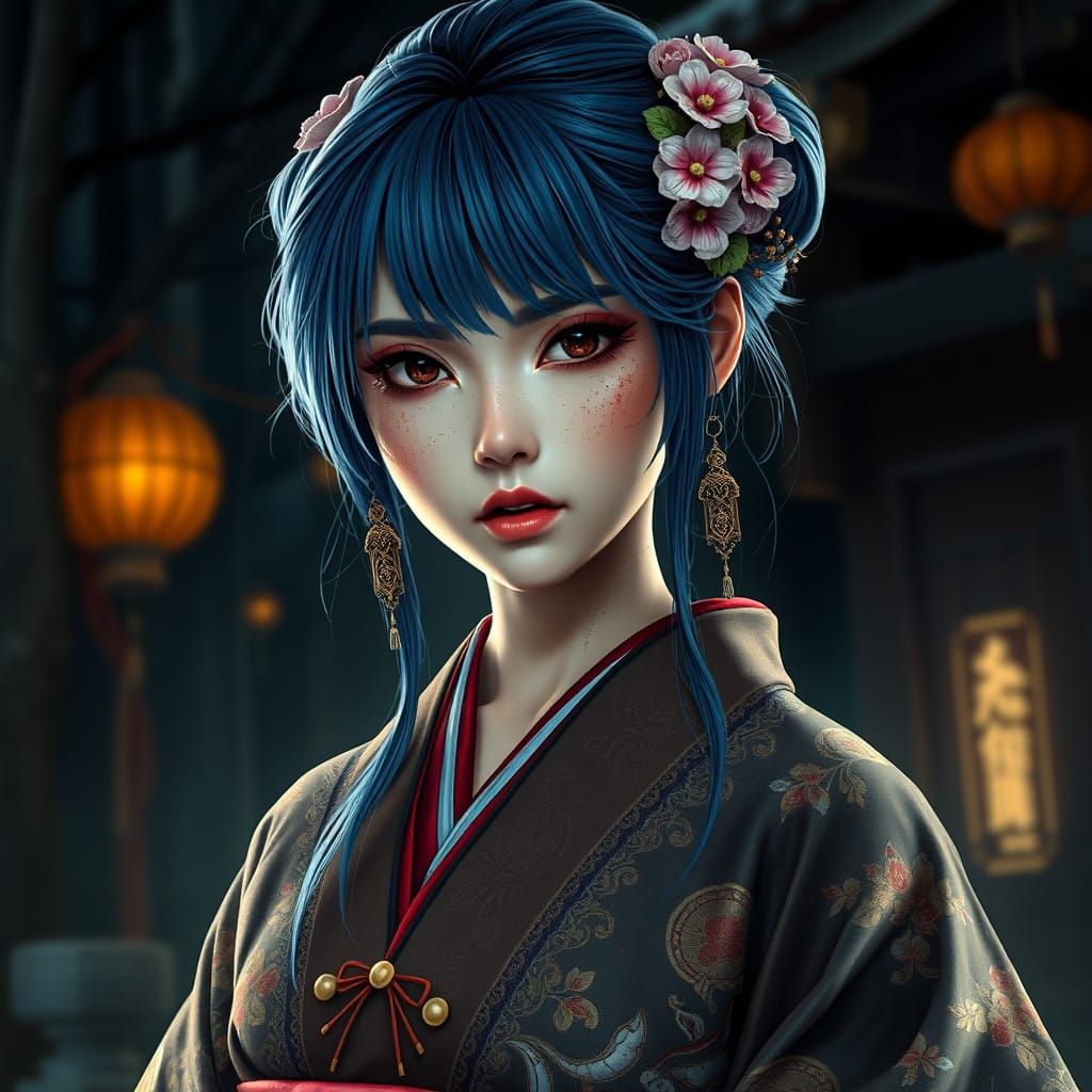 Blue-Haired Geisha in Mystical Japanese Forest