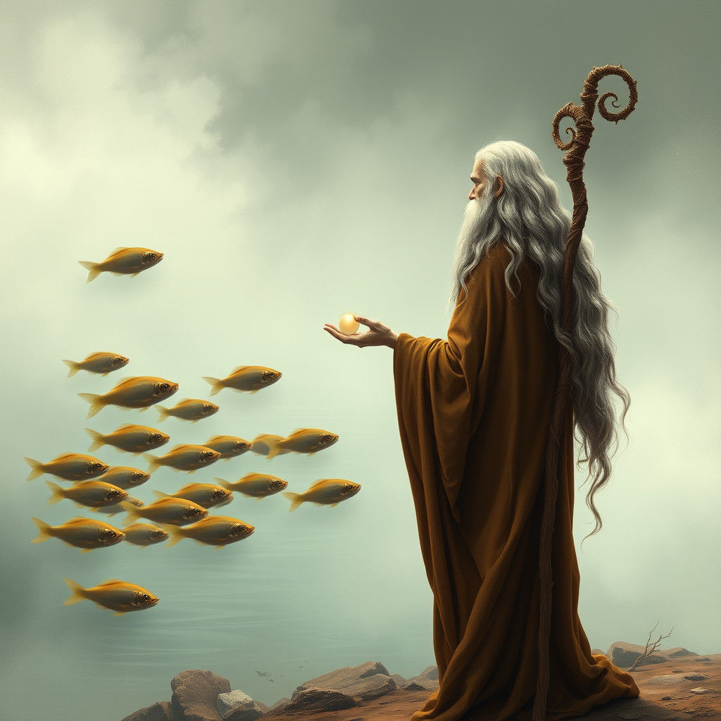 Mystical Being Offers Pearl to Fish in Ethereal Landscape