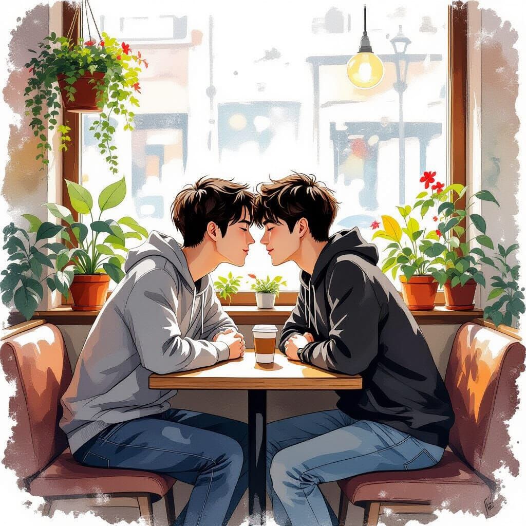 Romantic First Kiss in Cozy Coffee Shop