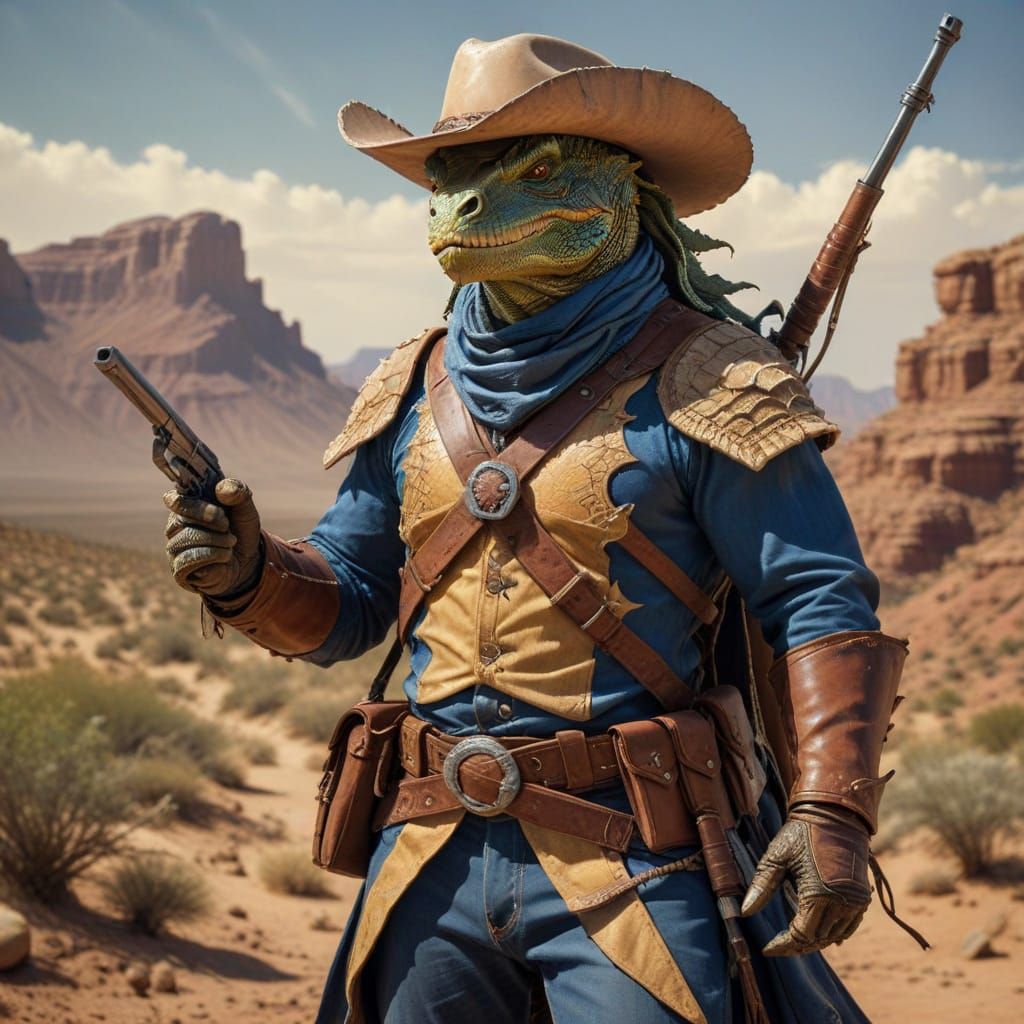 Lizardman Cowboy Rides into Sunset