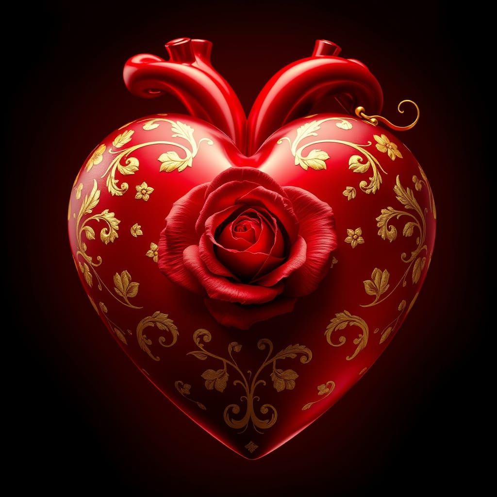 Hyperrealistic Heart Design in Opulent Golden and Red