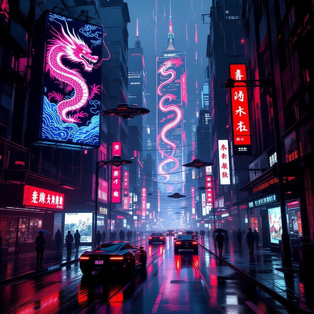 Cyberpunk Cityscape with Neon Dragons in 8K