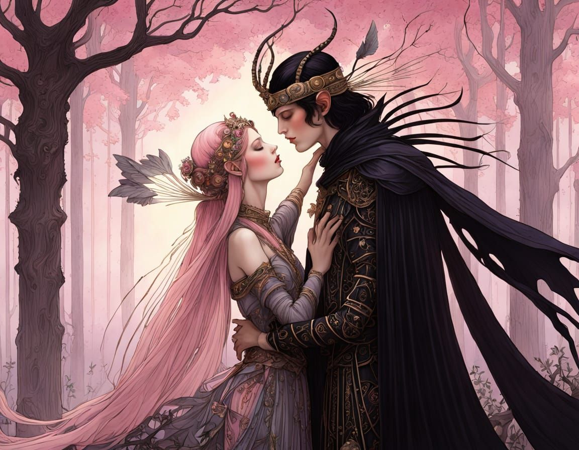 Fairy Queen and King Embrace: Art Nouveau Painting