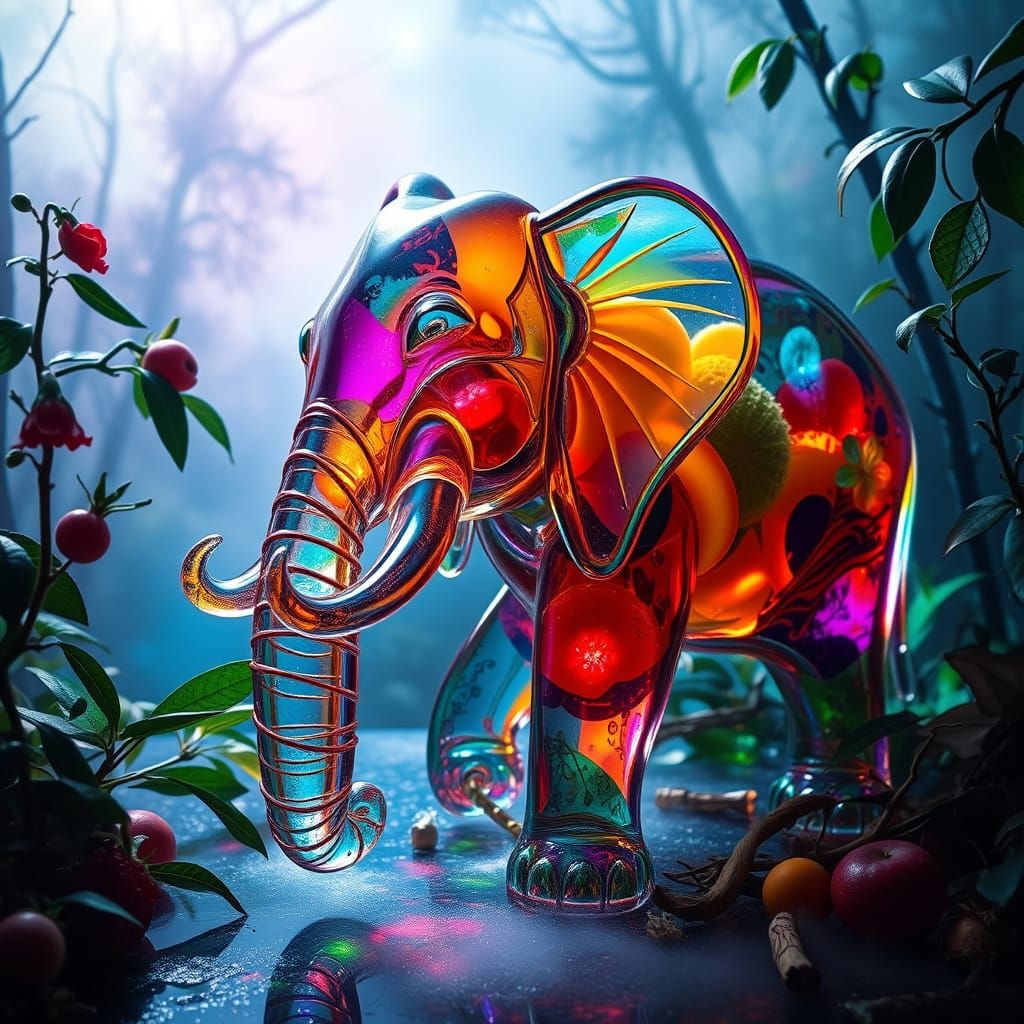 Glass Elephant in Misty Forest, Colorful Dreamscape