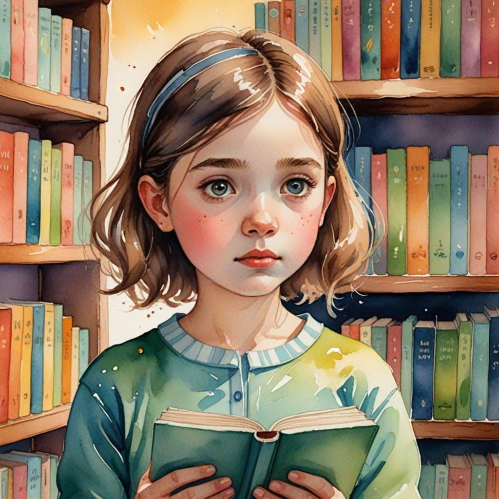 Girl and Bookshelf in Watercolor Style