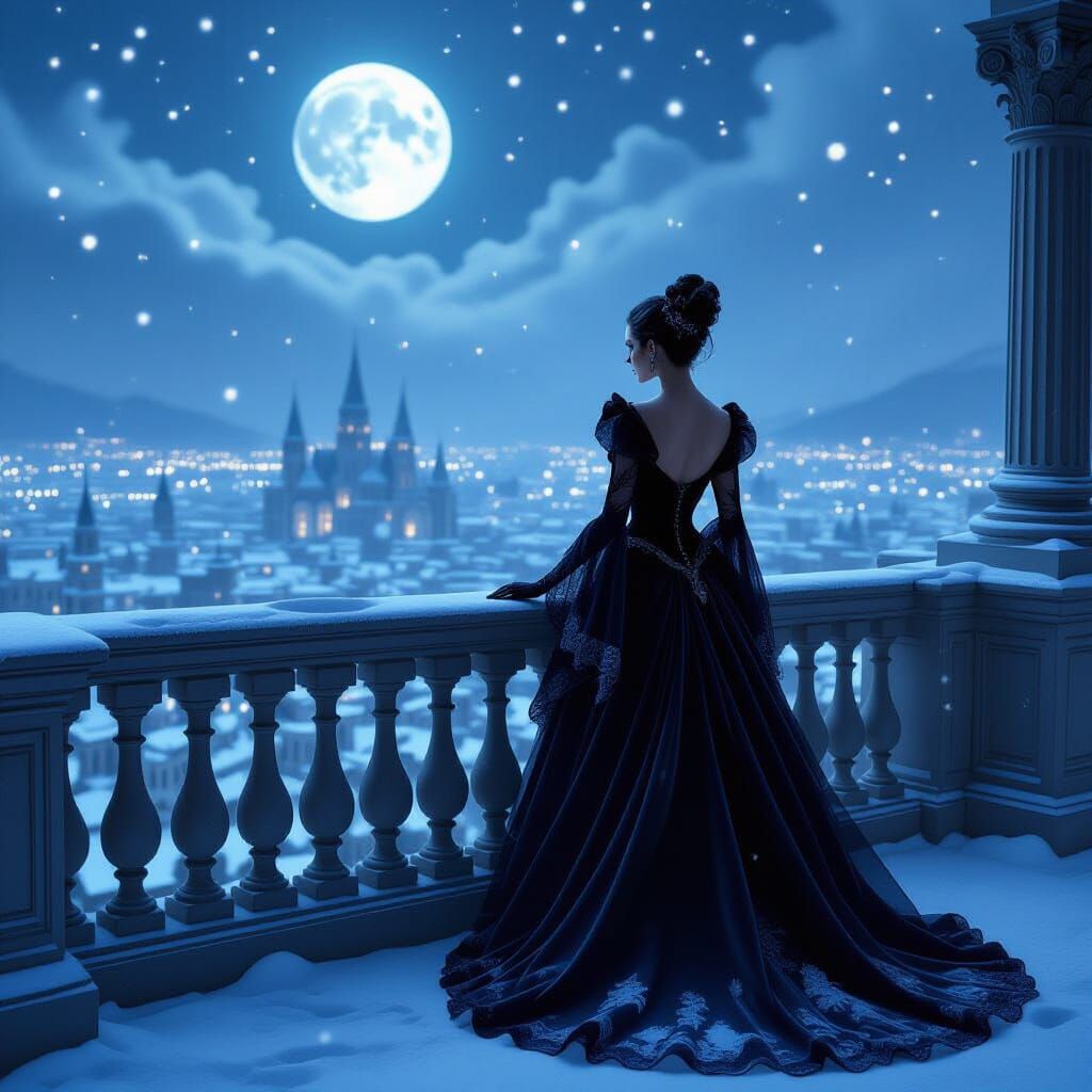 Gothic Woman Overlooking Winter Cityscape