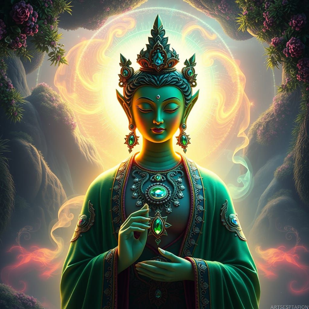 Majestic Green Tara in Vibrant, Ethereal Splendor