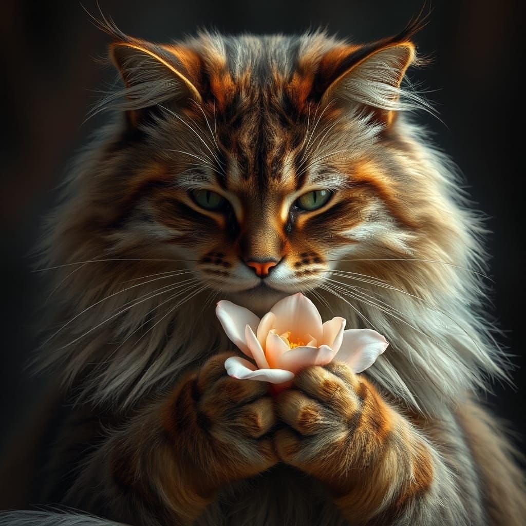 Hyperrealistic Cat Cradling Flower in Atmospheric Setting
