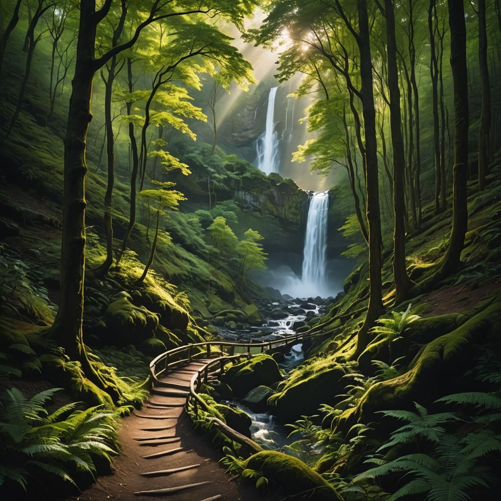 Ethereal Forest Path Beside a Waterfall