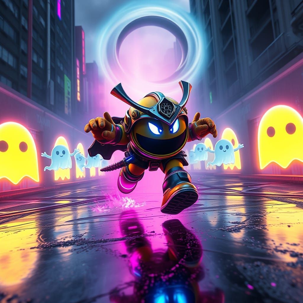 Cyberpunk Samurai Pacman Charges Through Portals in Neon-Lit...