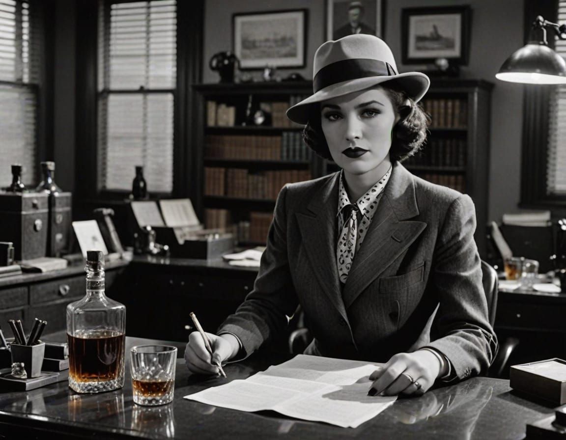 Gritty 1930s Femme Fatale Private Detective in Smoky Office