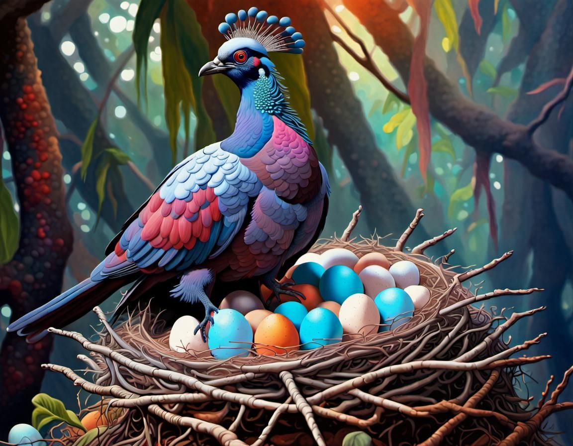 Colorful Crowned Pigeon on Nest: Fantasy Art