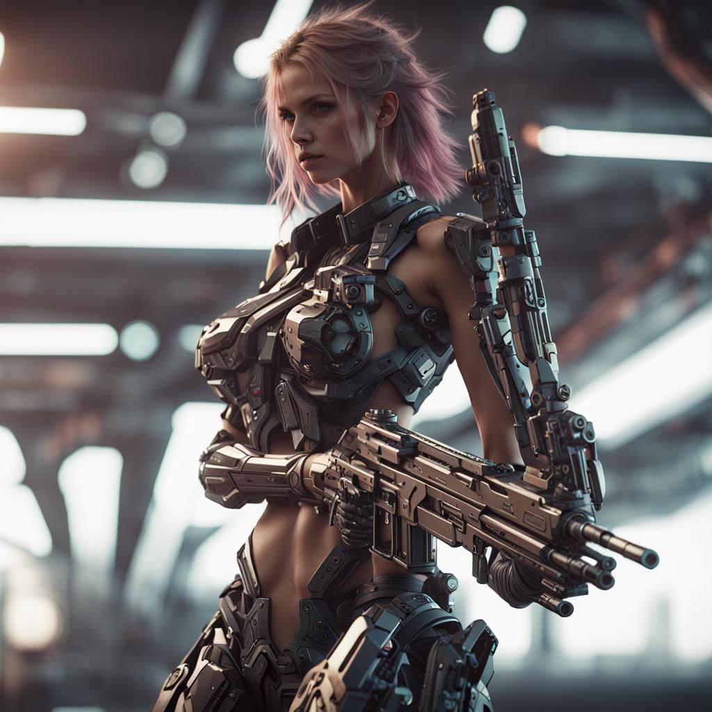 Futuristic Woman with Gun and Intricate Mech Details