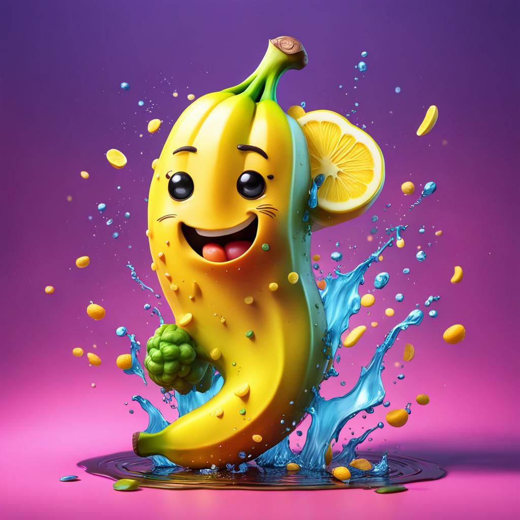 Hyperrealistic Metal Chibi Banana Splash Art