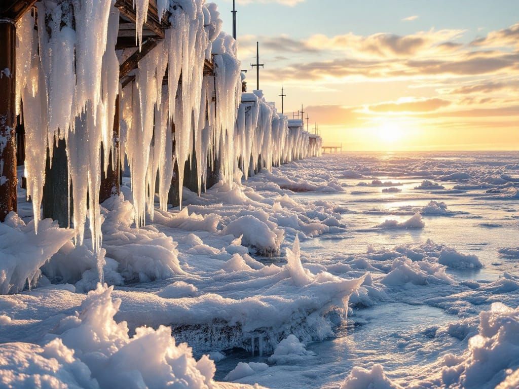 Frozen Lake Michigan Winter Wonderland in Golden Light