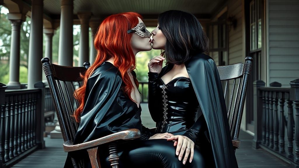 Gothic Romance: Women in Latex Kiss on Victorian Porch