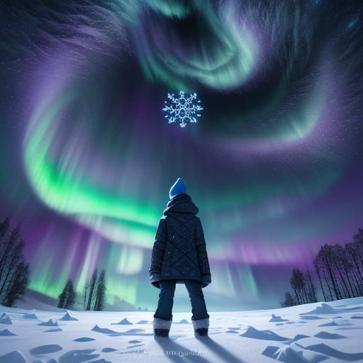 Child in Snow with Abstract Snowflakes, Surreal Digital Art