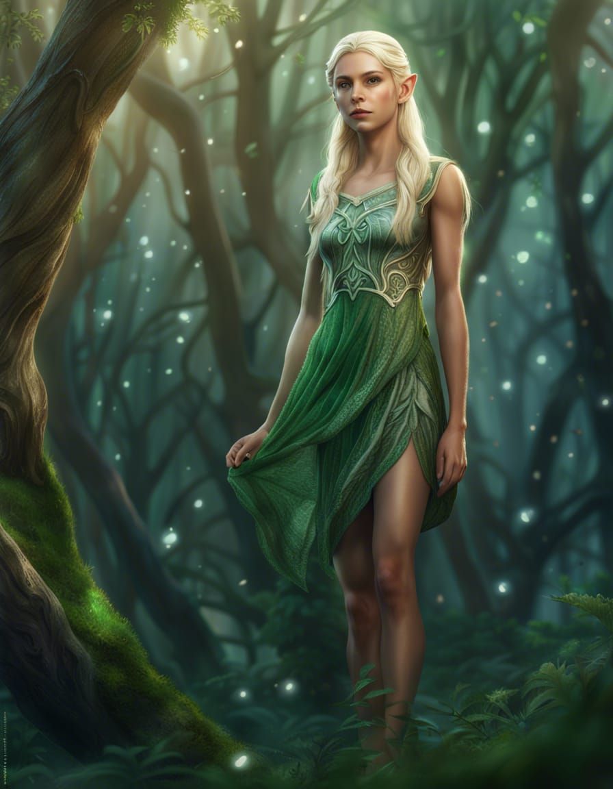 Hyperrealistic Elf in Dew-Covered Forest, 8K