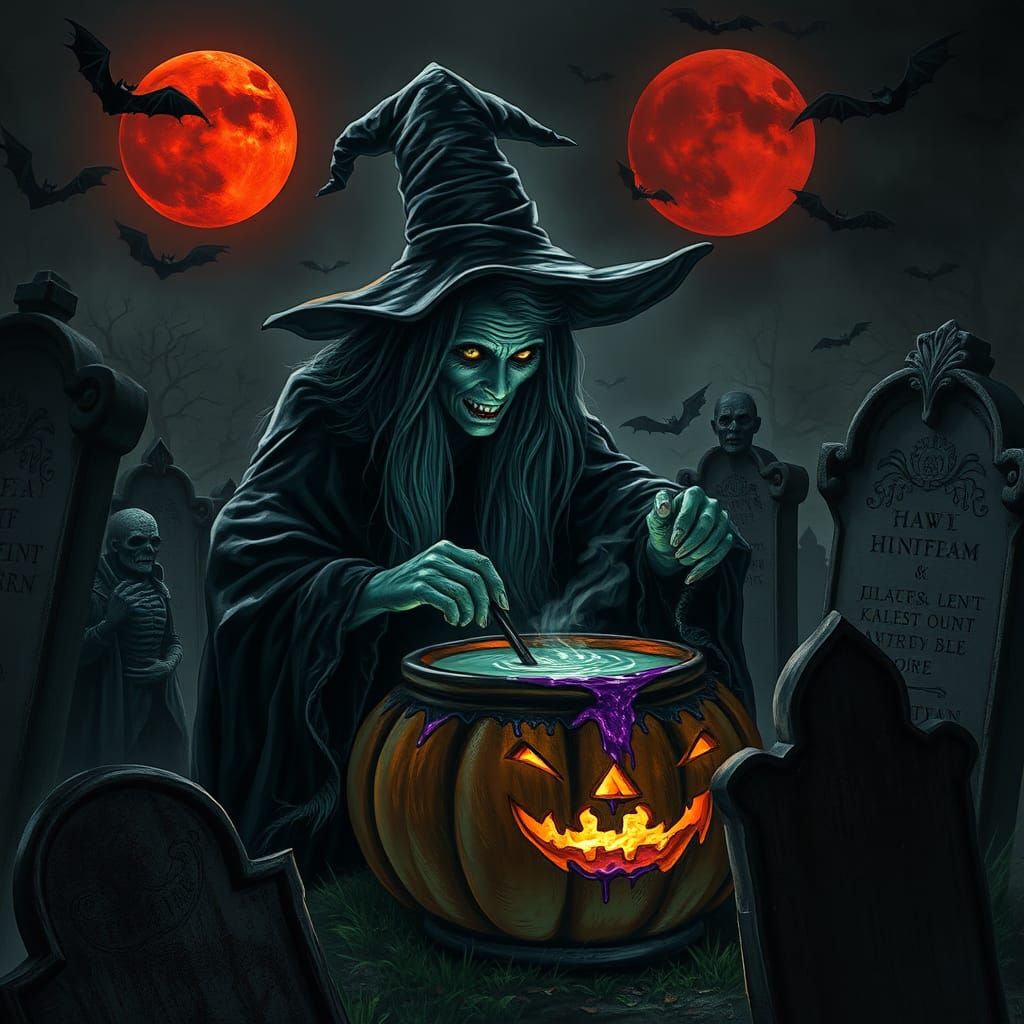 Halloween Witch Brewing Potion in Pumpkin Cauldron