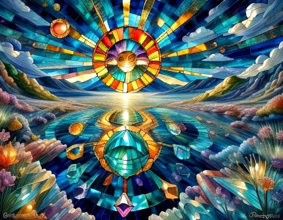 Vibrant Gemstone Landscape in Stained Glass Style