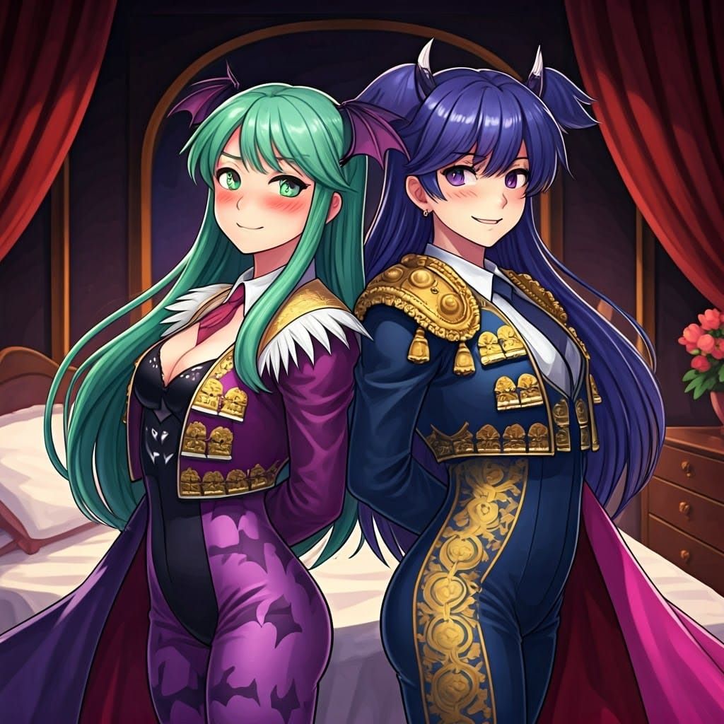 Morrigan and Lilith in Bullfighter Suits, Anime Style