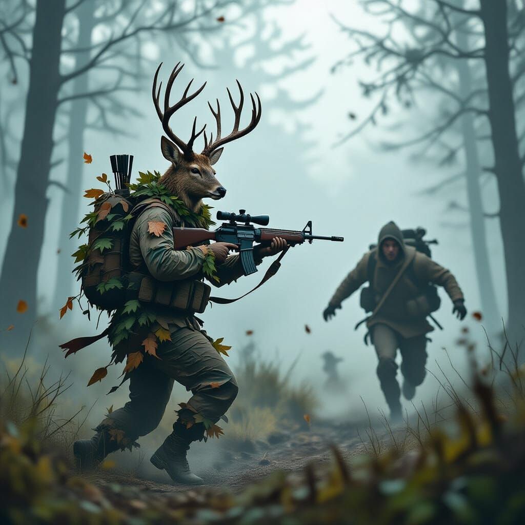Deer Pursues Hunter in Misty Forest, Ash Thorp Style
