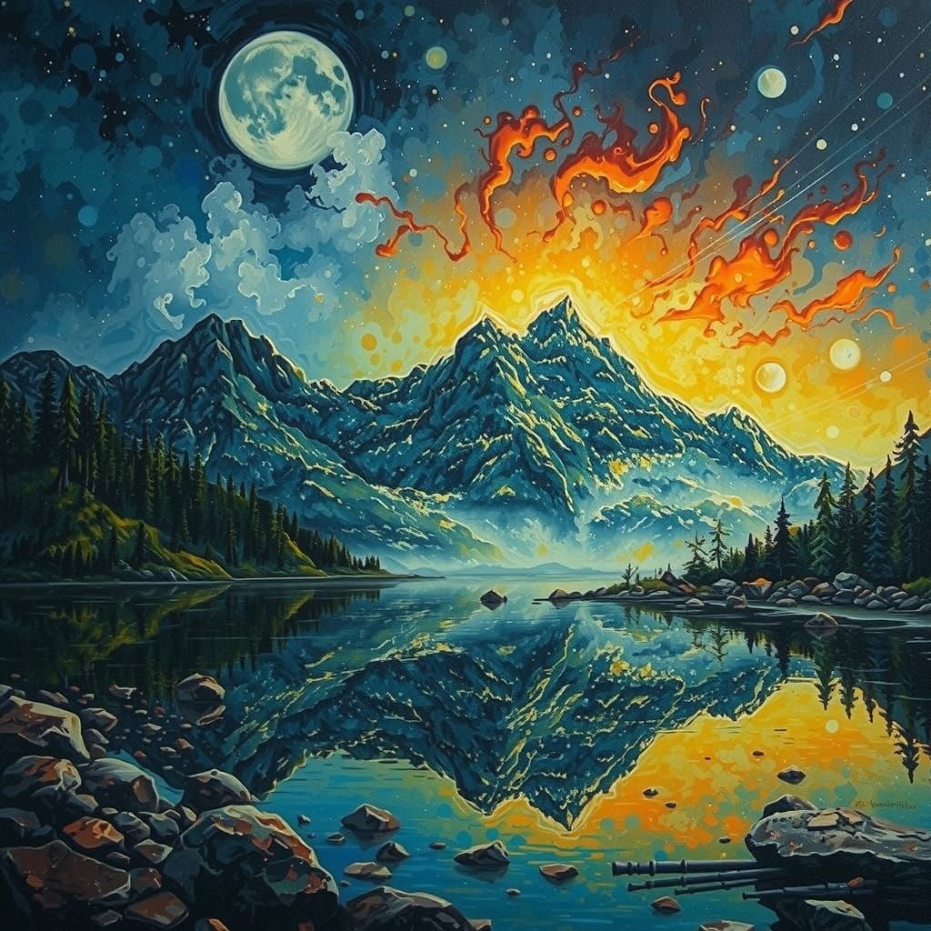 Expressionist Mountain Lake Storm in Velvet Colors