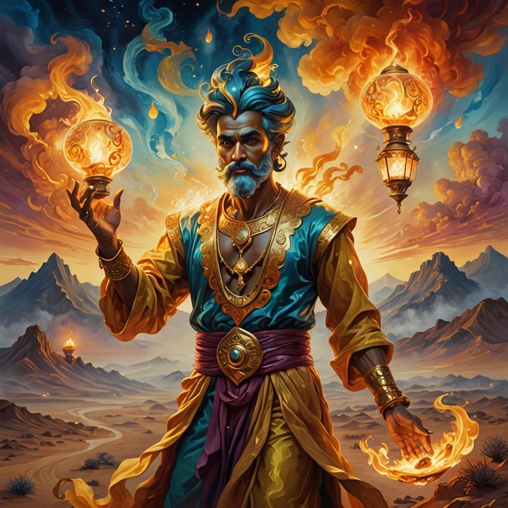 Mystical Golden Genie in Surreal Desert Landscape