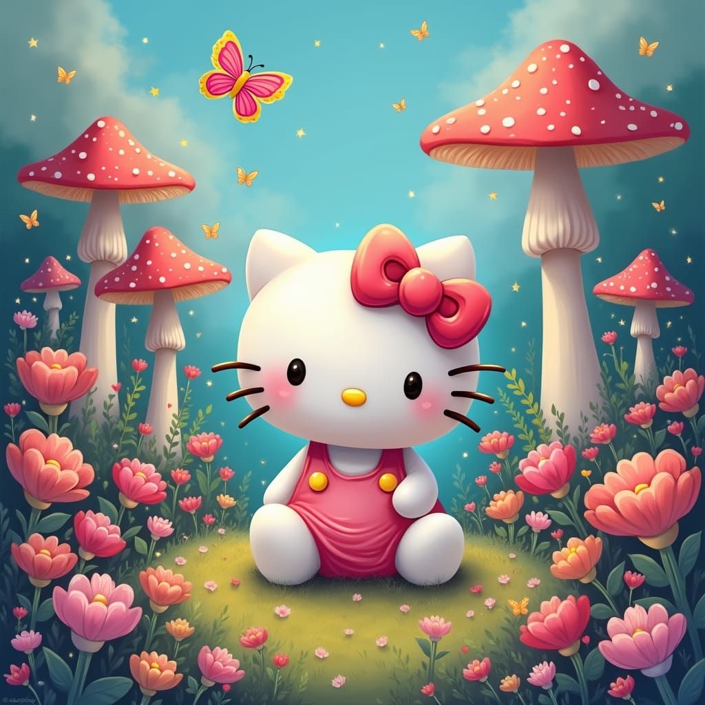 Hello Kitty in Whimsical Impressionist Garden Scene