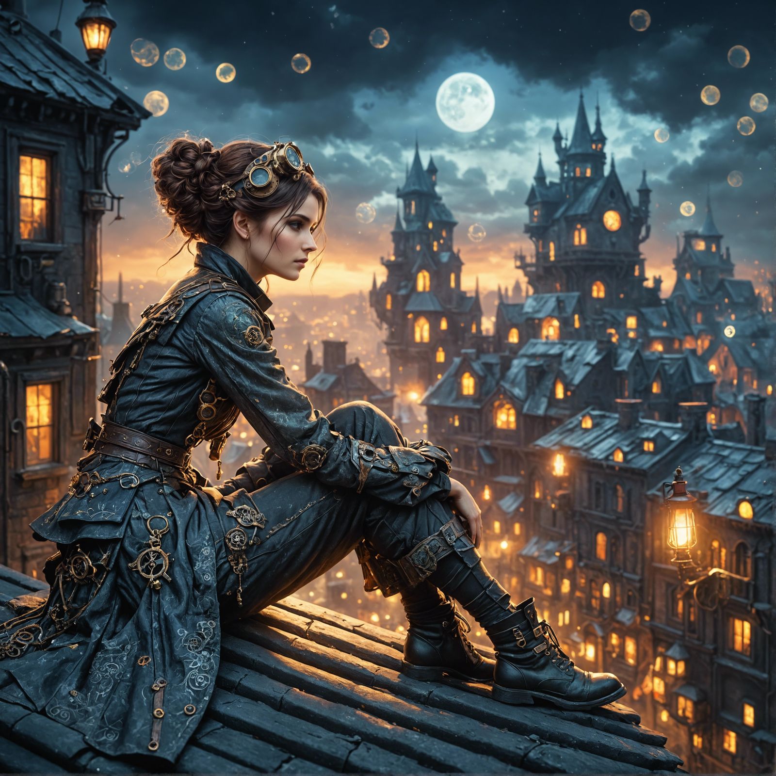 Steampunk Woman on Rooftop in Impressionistic Style