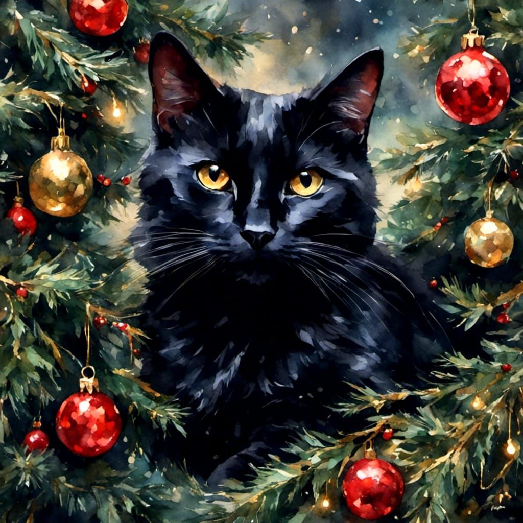 Black Cat in Christmas Tree: Watercolor Art