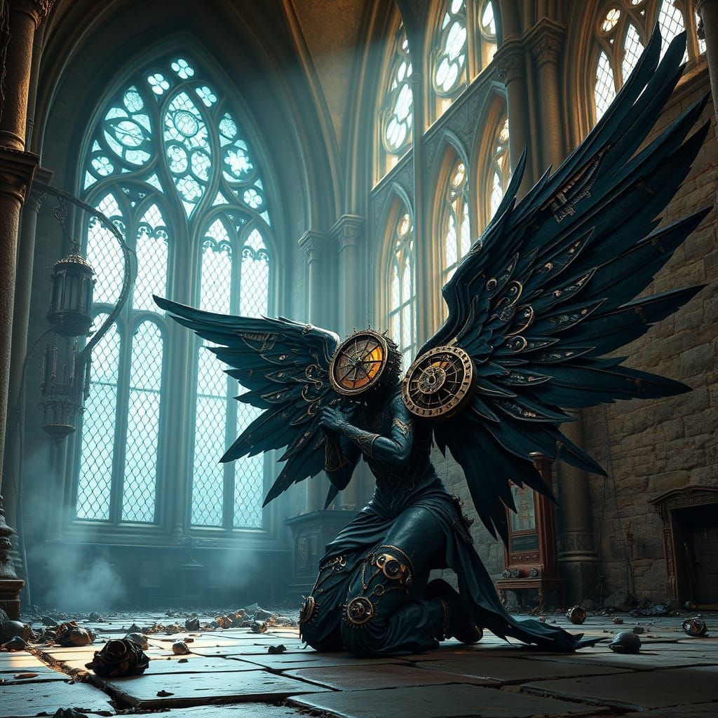 Gothic Clockwork Angel in Moonlit Cathedral