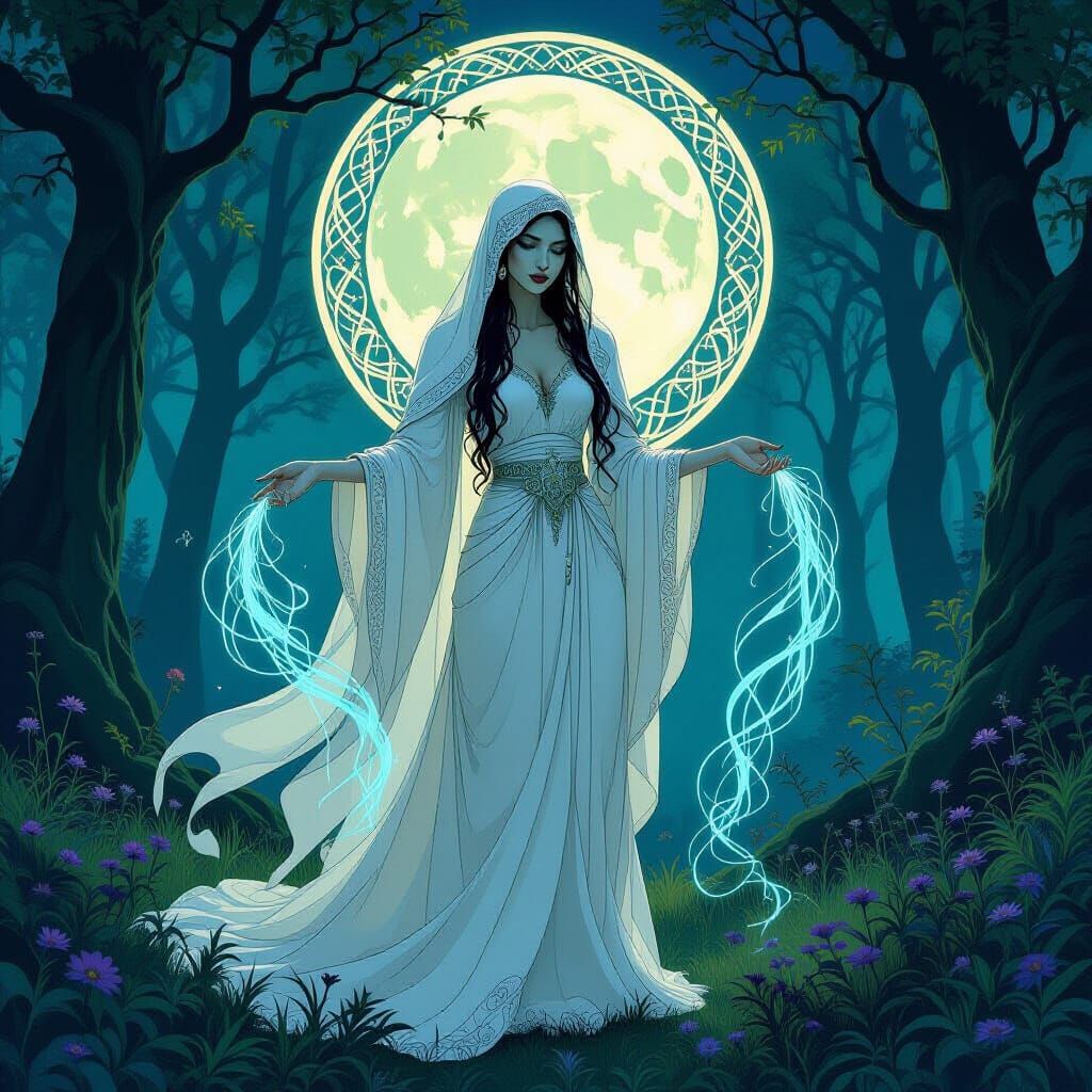 Mystical Celtic Woman in Moonlit Forest, in Art Nouveau Styl...