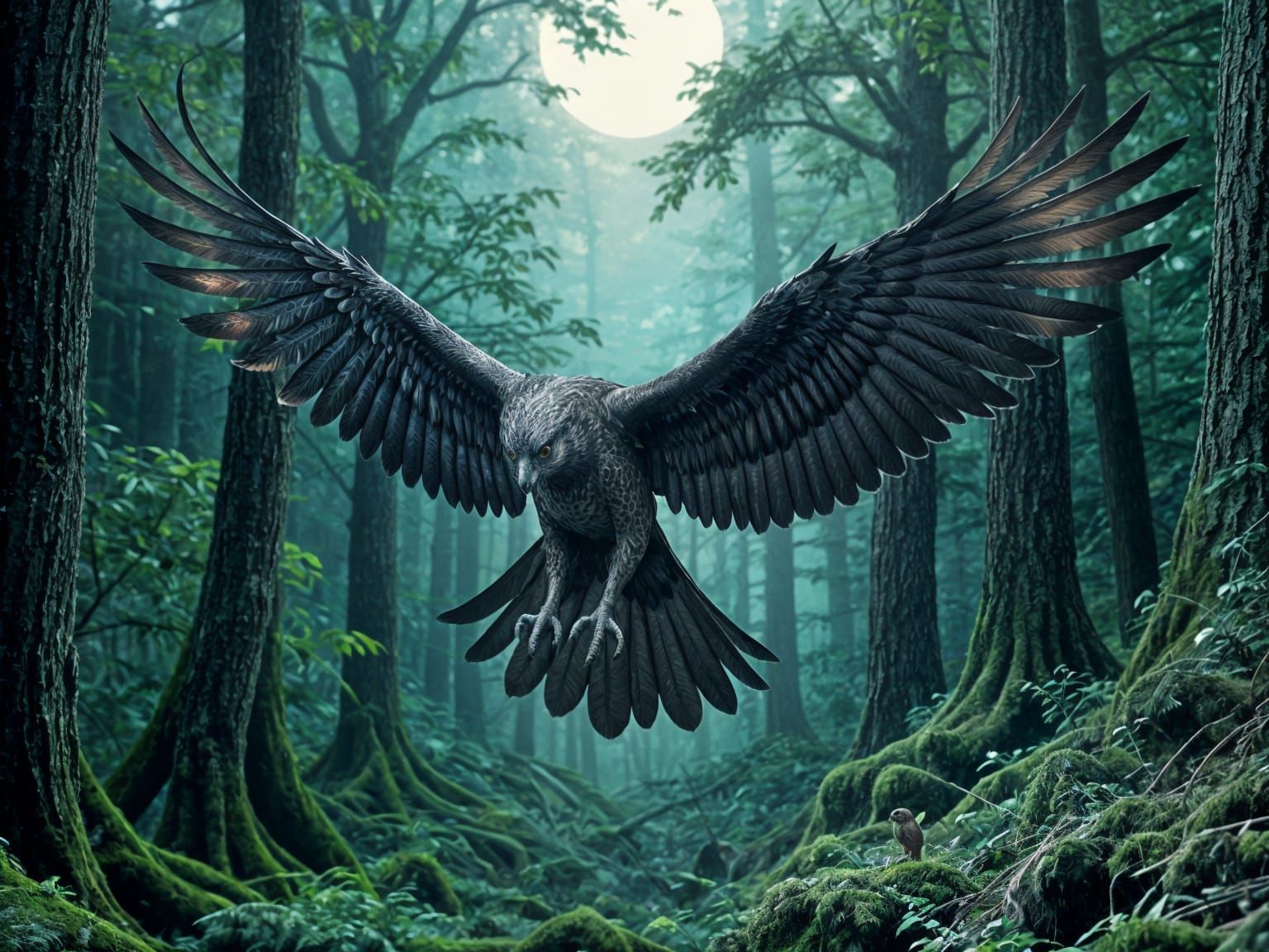 Neon-Eyed Metal Falcon Hunting at Night