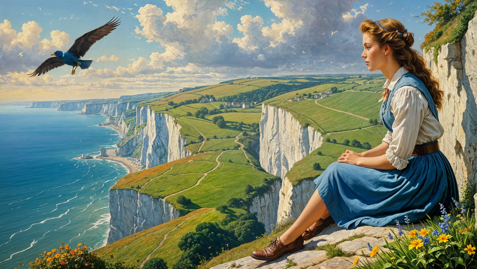 Cliffs of Dover Bluebird Painting in Impressionist Style