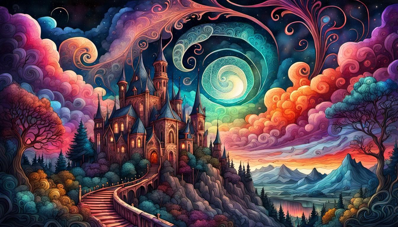 Colorful Gothic Fantasy Landscape with Intricate Filigree