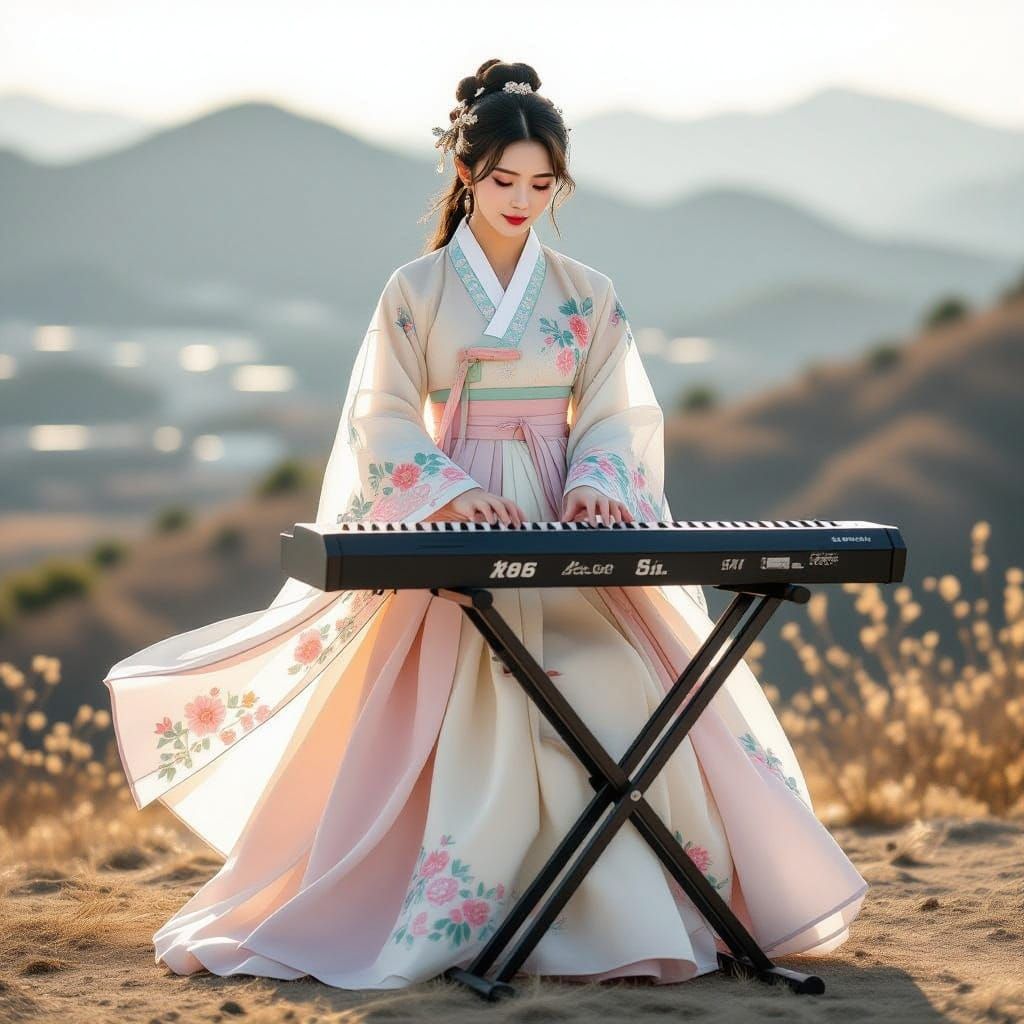 Elegant Korean Woman Plays Double-Stacked Keyboard on Barren...
